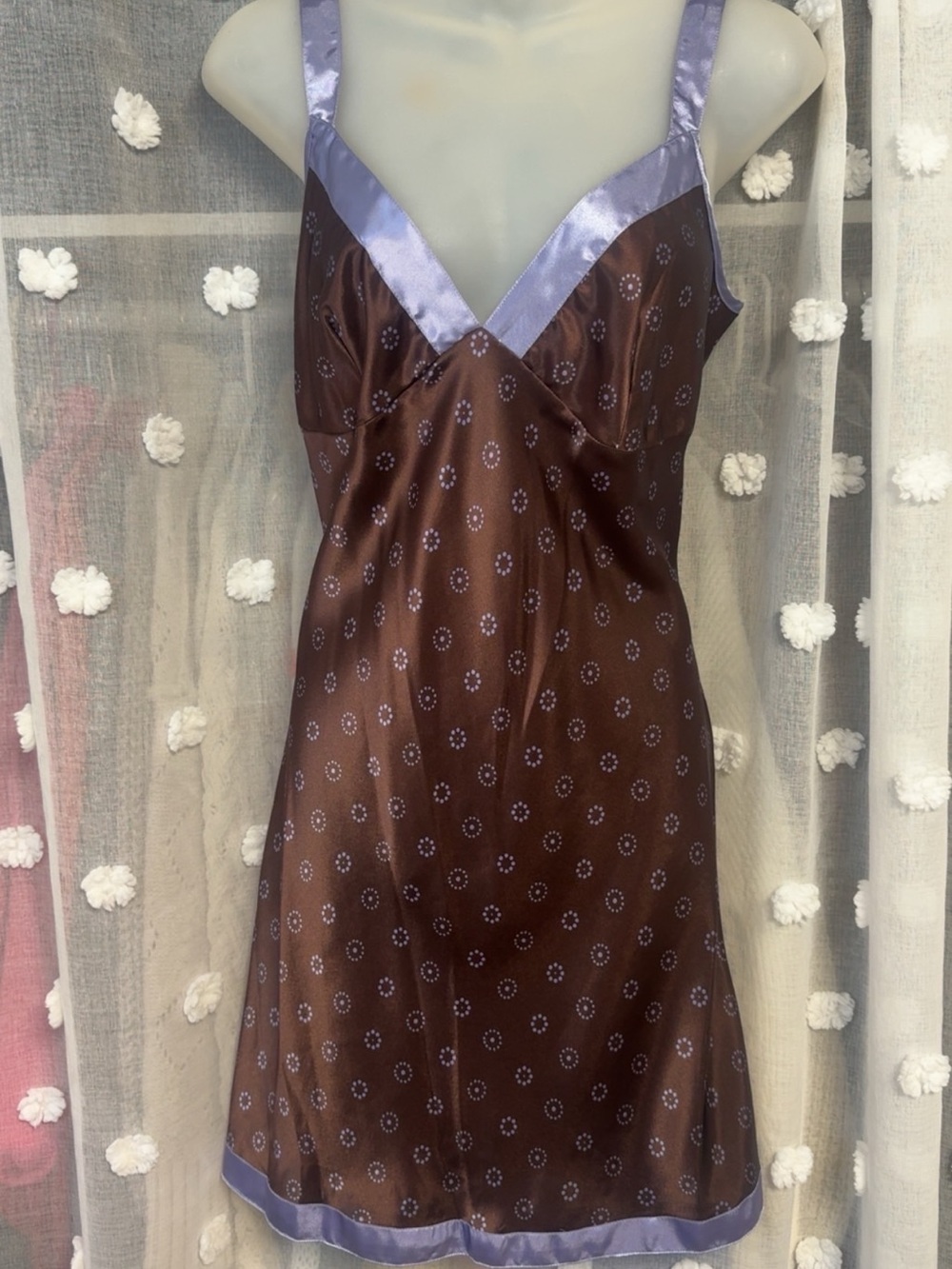 Vintage Chanteuse Lavender-Trim Brown Satin Slip Dress
